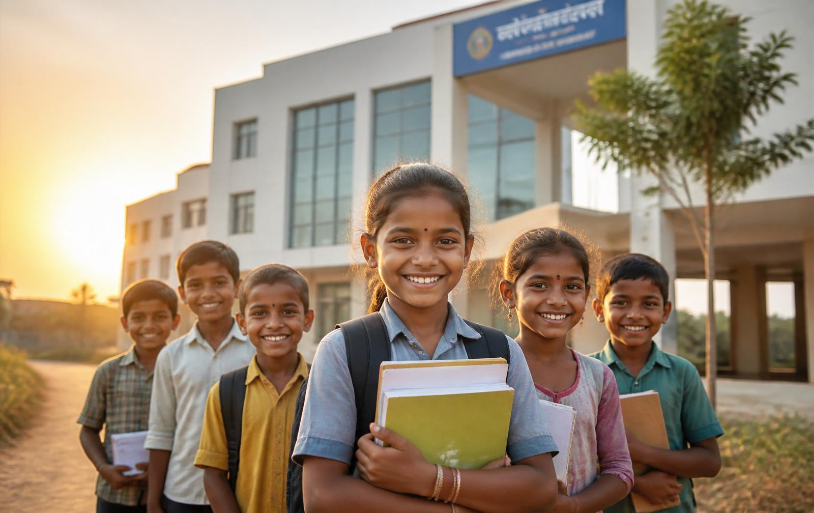 Rural Indian children with books, smiling at sunrise